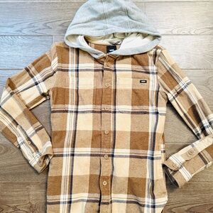 Vans Kids Brown and Cream Plaid Hooded Shirt size large (12-14)